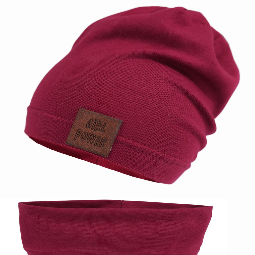 Brown Kids Beanie Hat With Scarf | Dark Red