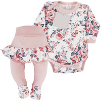 Light Gray Baby Side Snap Bodysuit With Frill Trousers | Powder Pink Flowers