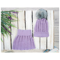 Light Gray Kids Bobble Hat With Neck-Warmer Scarf | Lavender