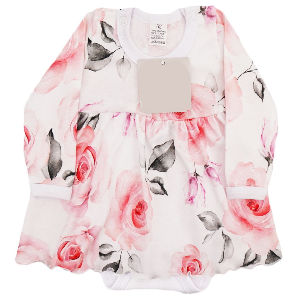 Light Gray Baby Girl Long Sleeve Bodysuit Dress | Pink Roses
