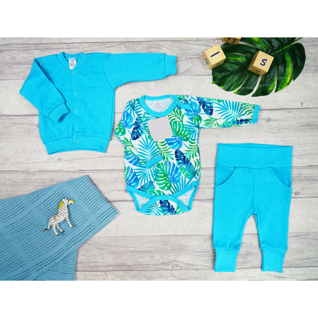 Light Sea Green Kids Long Sleeve Bomber With Bodysuit & Trousers - 3 Pcs Set  | Turquoise Monstera Leaves