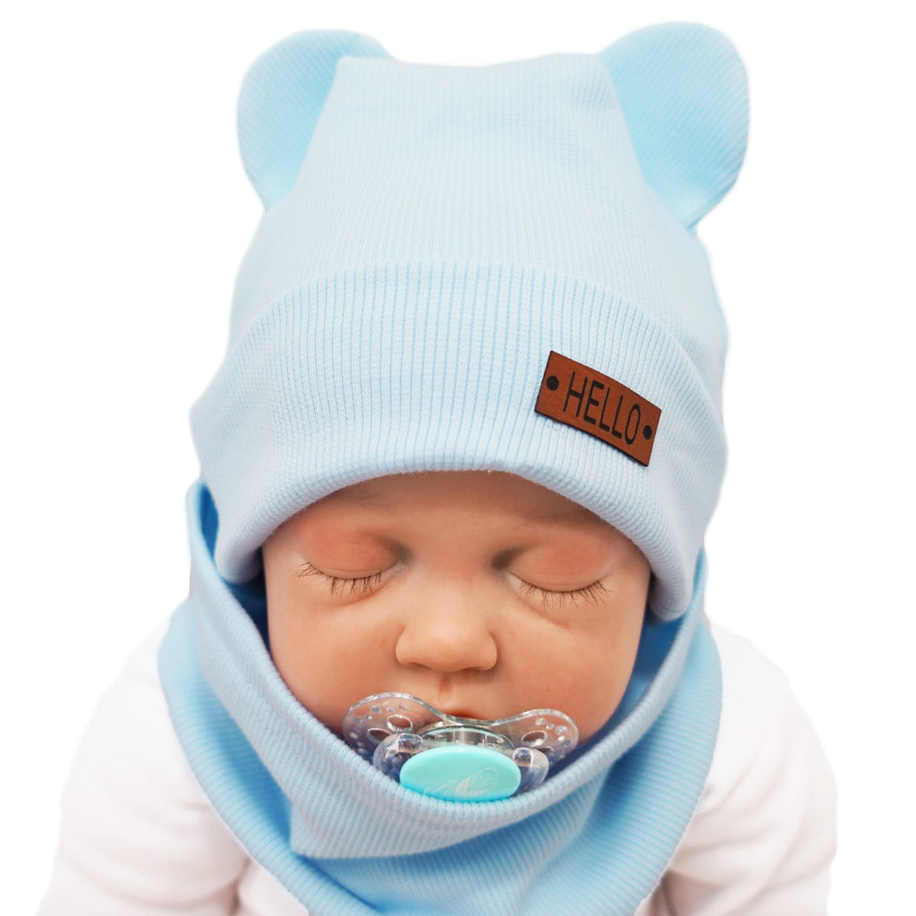 Light Gray Baby Beanie Hat With Ears And Scarf  - 2 pcs | blue