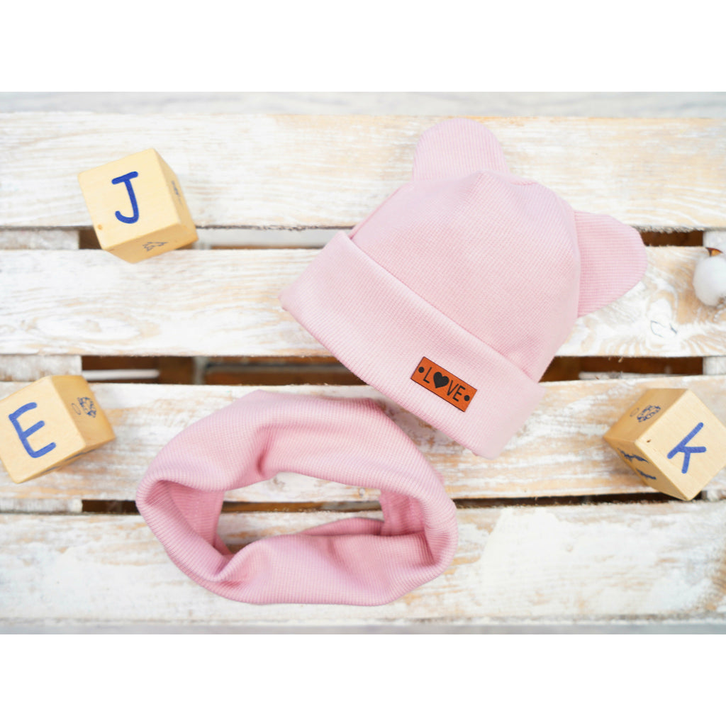 Light Gray Baby Beanie Hat With Ears With Scarf  | Pink "Love"