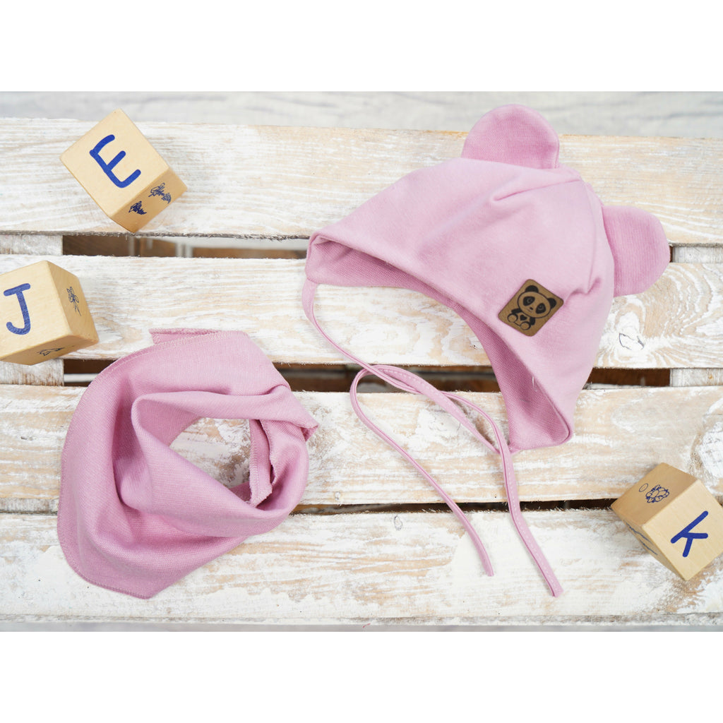 Light Gray Baby Hat With Bear Ears With Scarf | Pink