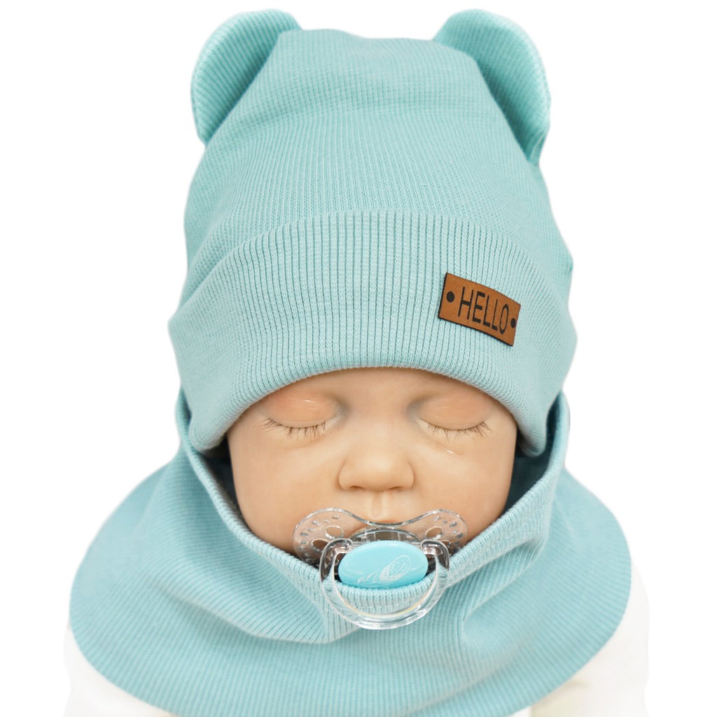 Gray Baby Beanie Hat With Ears And Scarf  - 2 pcs | turquoise