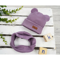 Light Gray Baby Beanie Hat With Ears And Scarf  - 2 pcs | purple