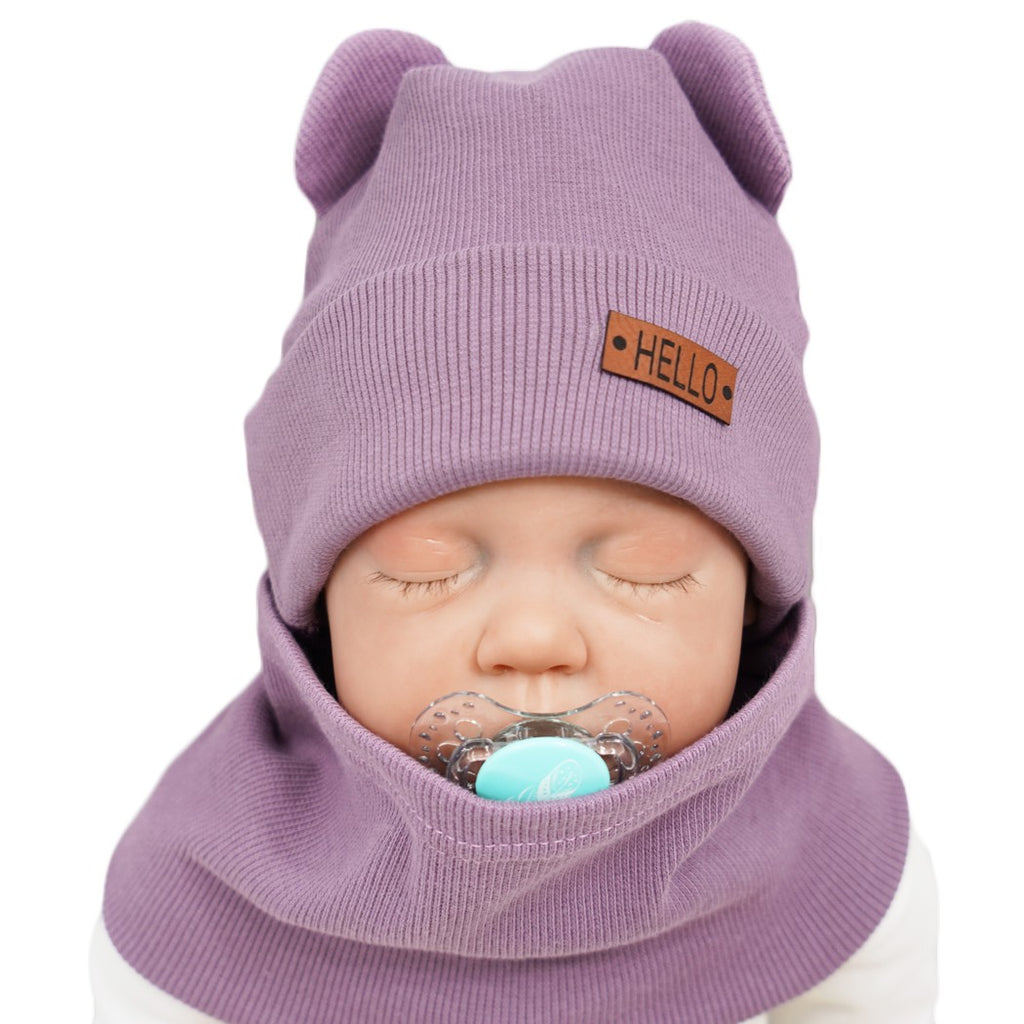 Rosy Brown Baby Beanie Hat With Ears And Scarf  - 2 pcs | purple