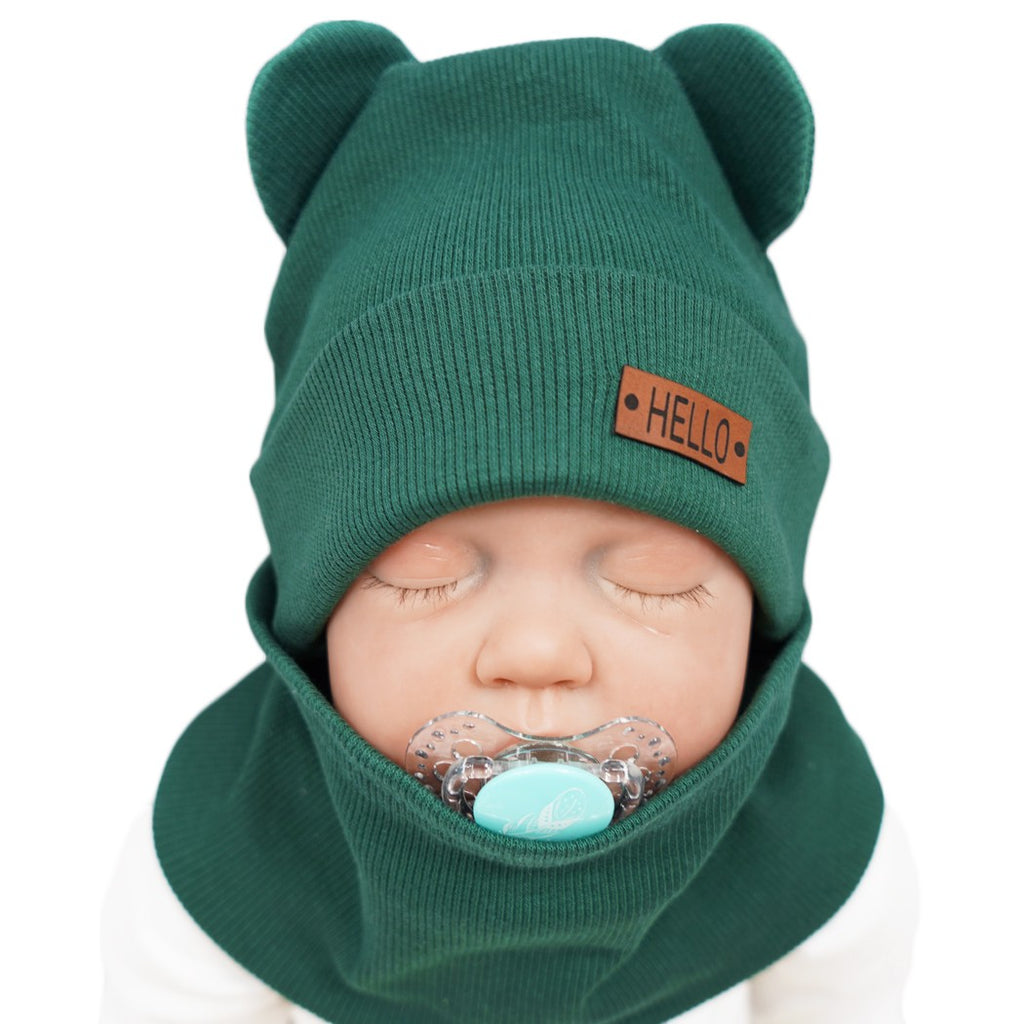 Dark Slate Gray Baby Beanie Hat With Ears And Scarf  - 2 pcs | green