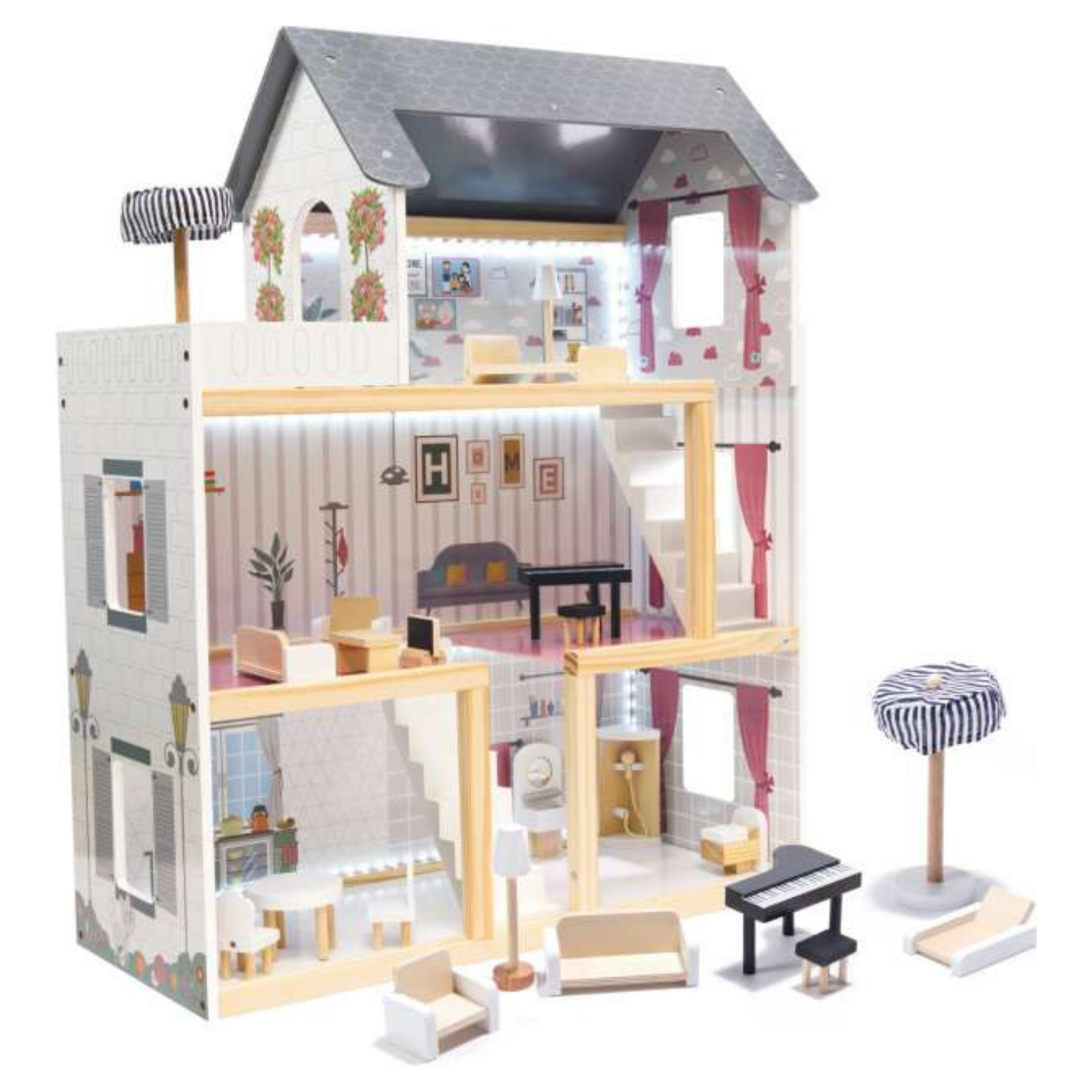 Wheat Wooden Retro Doll House With Furniture 78cm