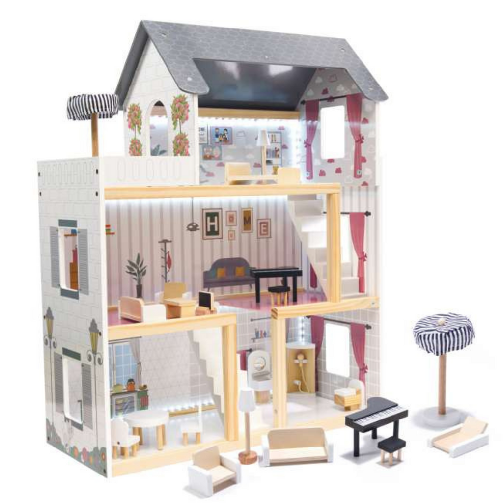 Wheat Wooden Retro Doll House With Furniture 78cm