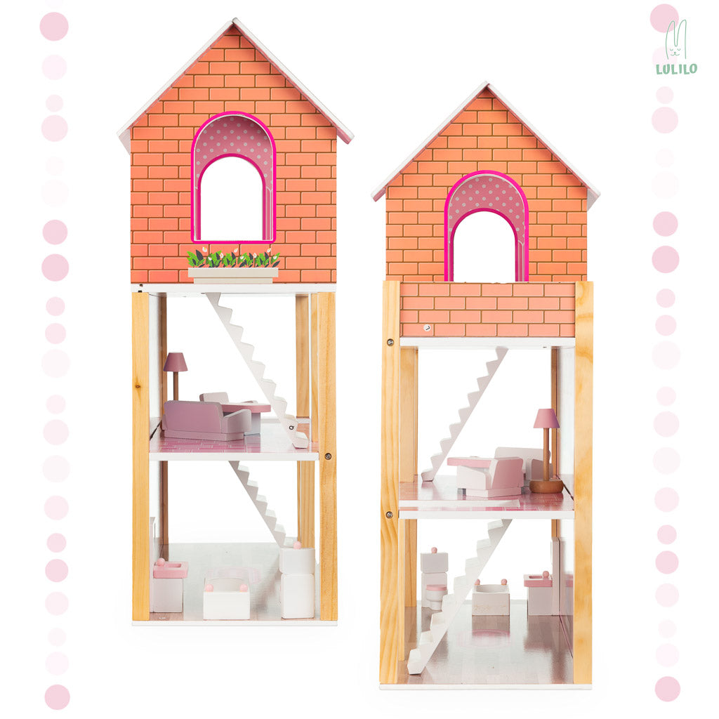Lulilo Wooden Pink Dollhouse 70cm