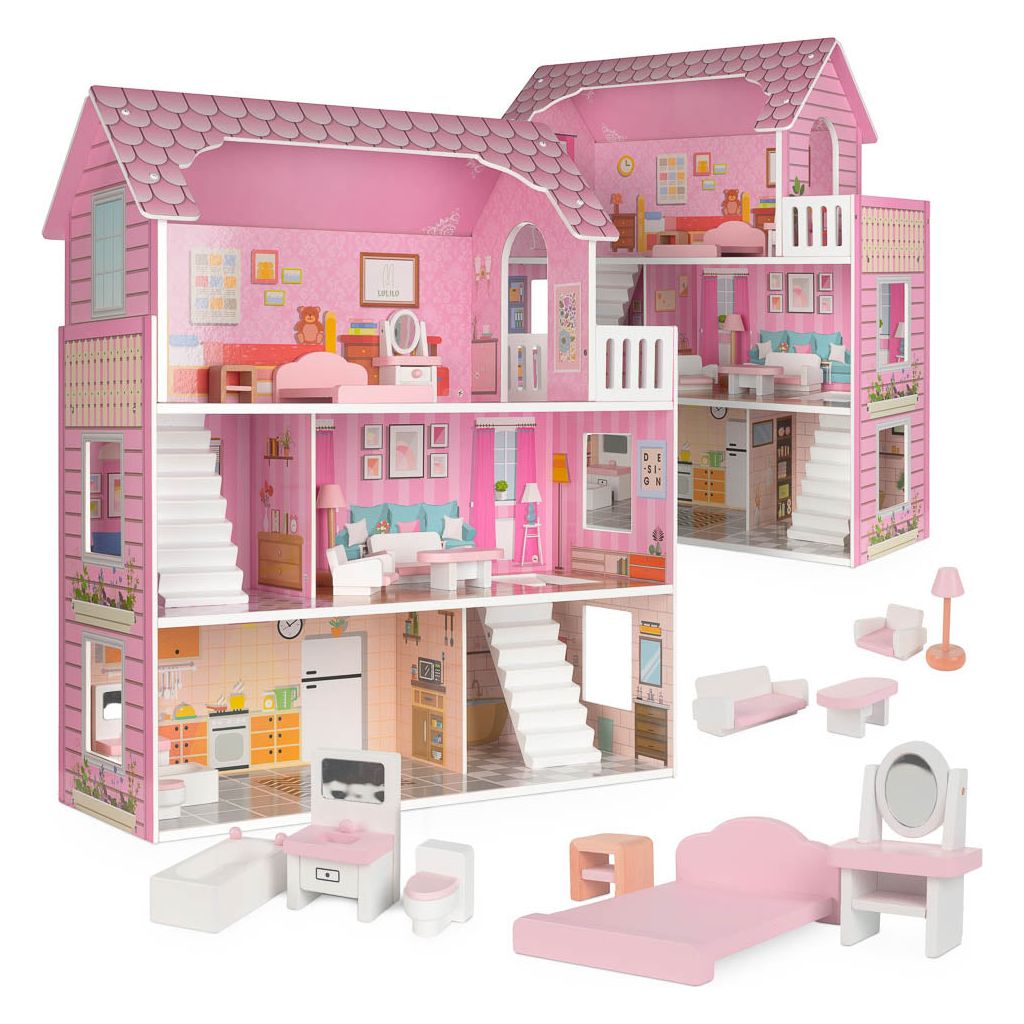 Lulilo Wooden Pink Dollhouse 70cm