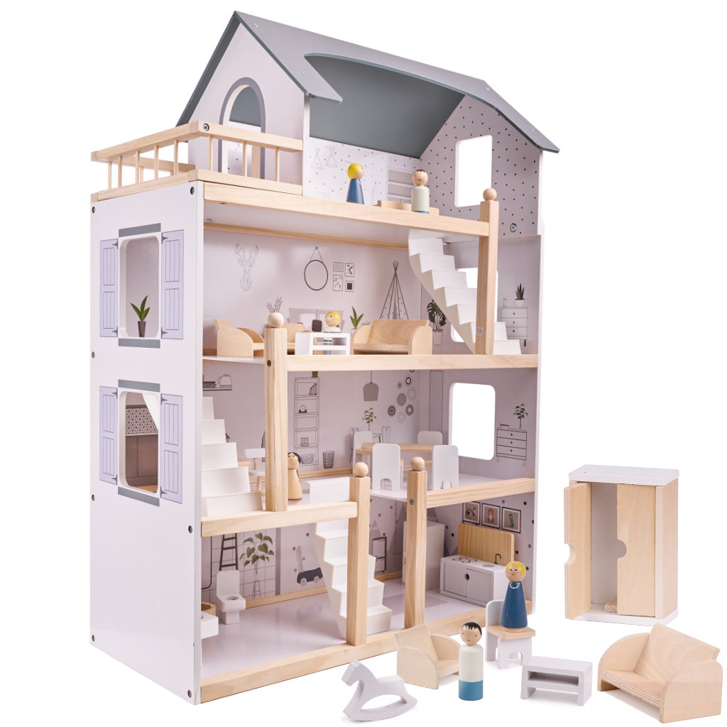 Gray Wooden Dollhouse + Furniture 80cm