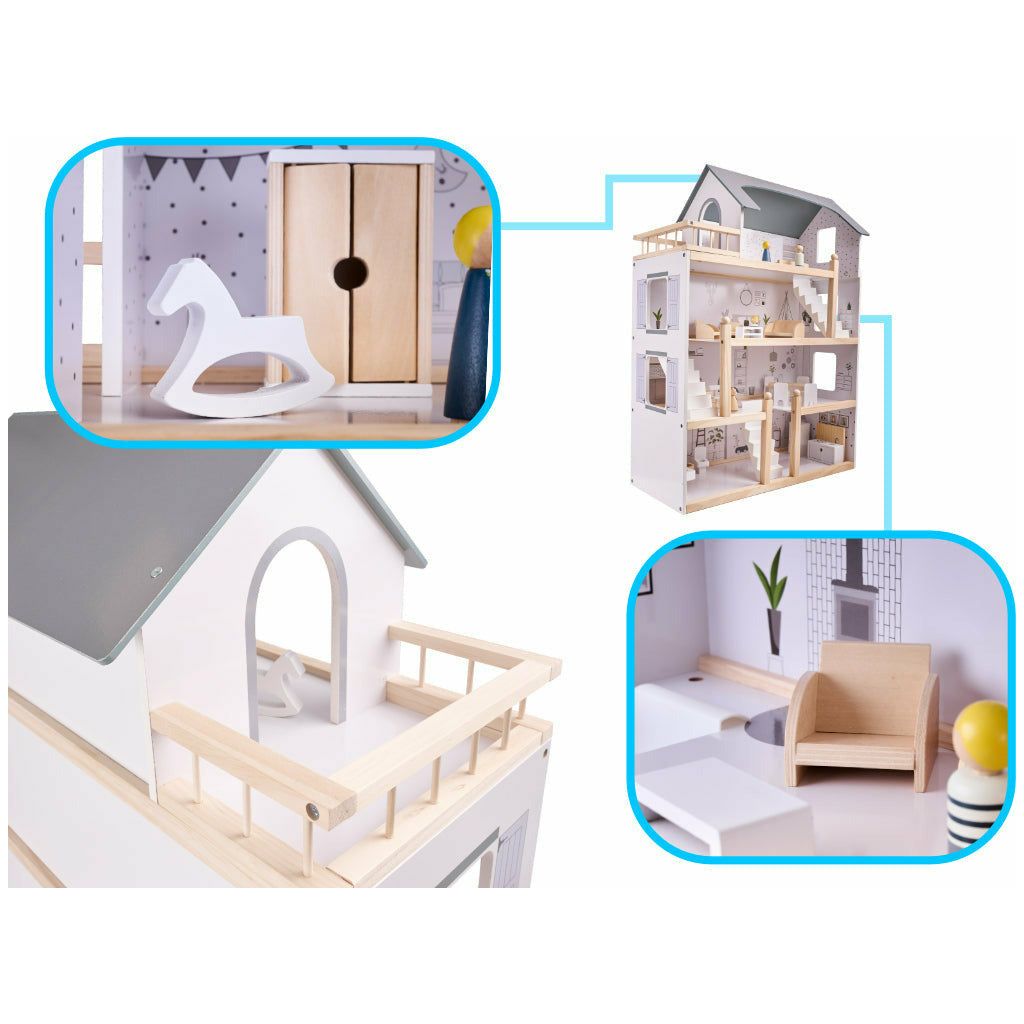 Light Gray Wooden Dollhouse + Furniture 80cm