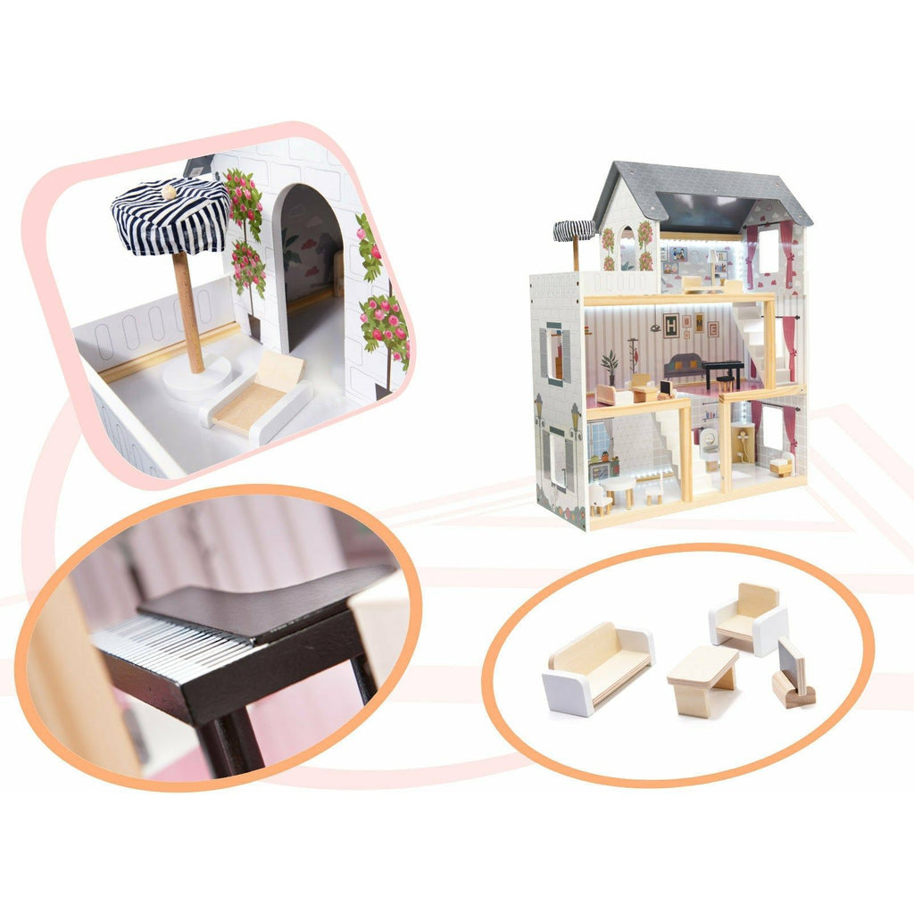 Light Gray Wooden Retro Doll House With Furniture 78cm
