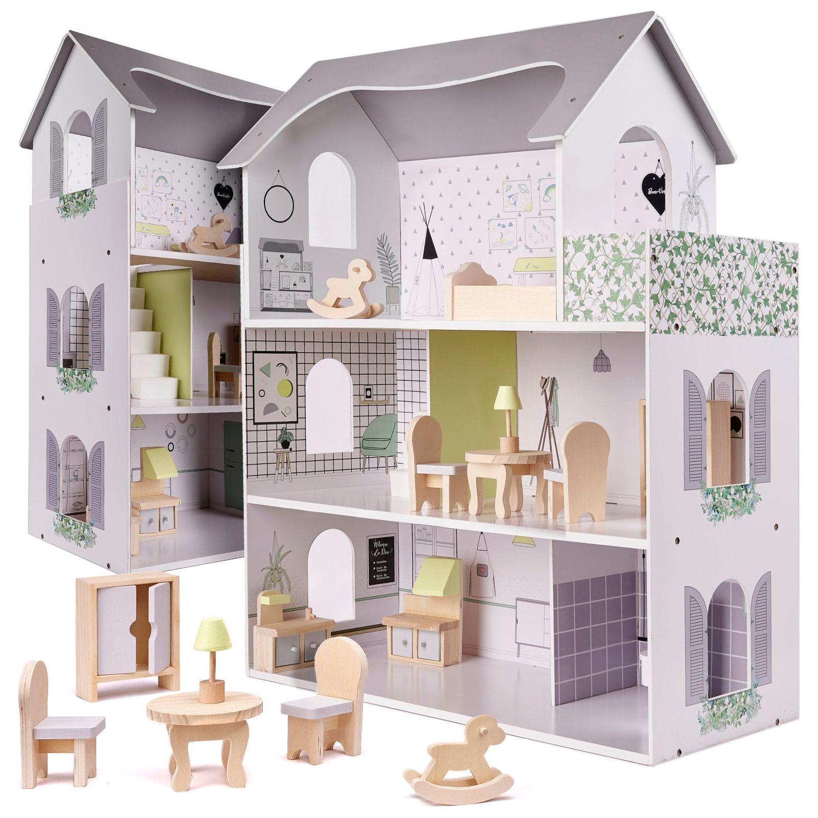 Dark Khaki White Wooden Villa Dollhouse 70cm LED