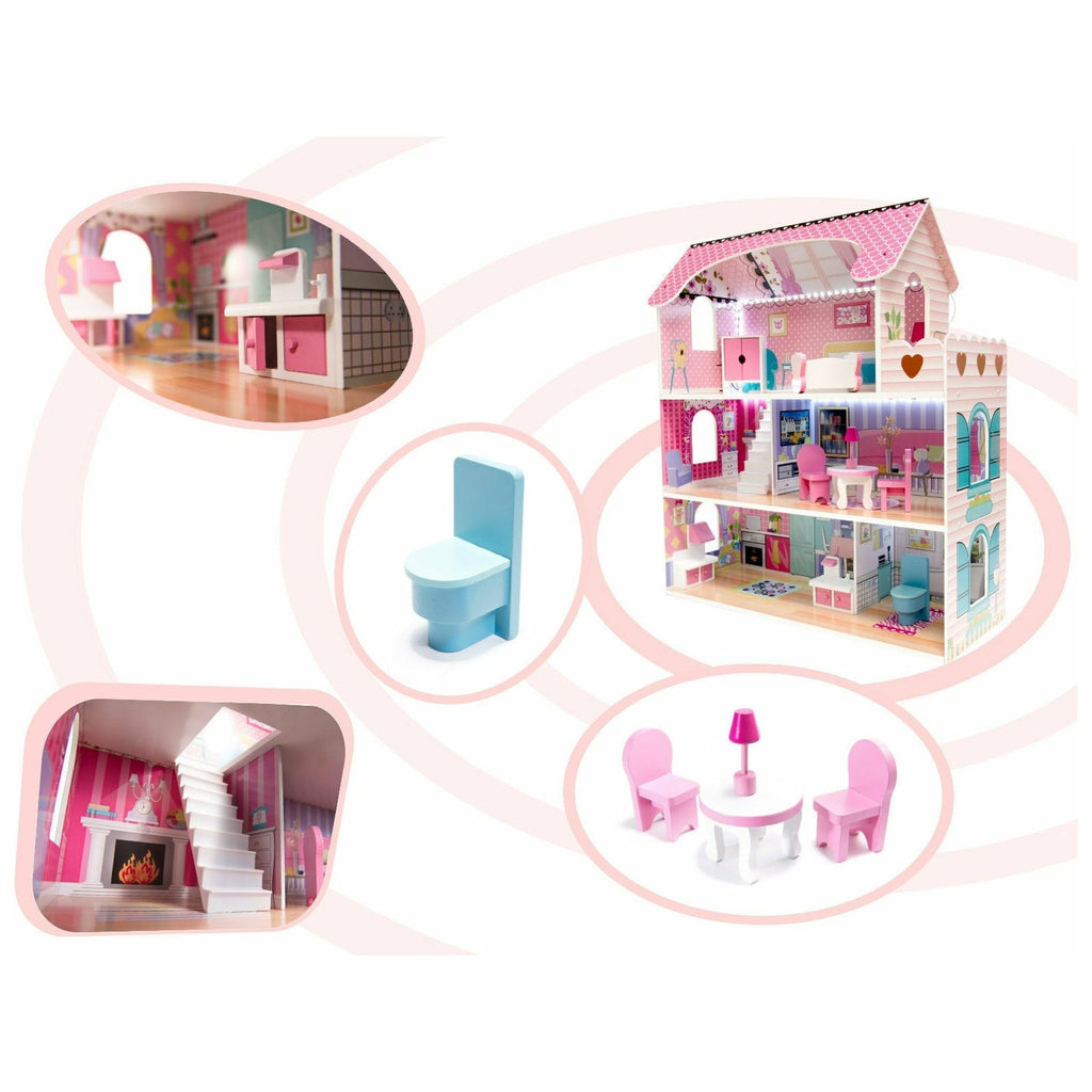 Medium Aquamarine Pink Wooden Villa Dollhouse 70cm LED