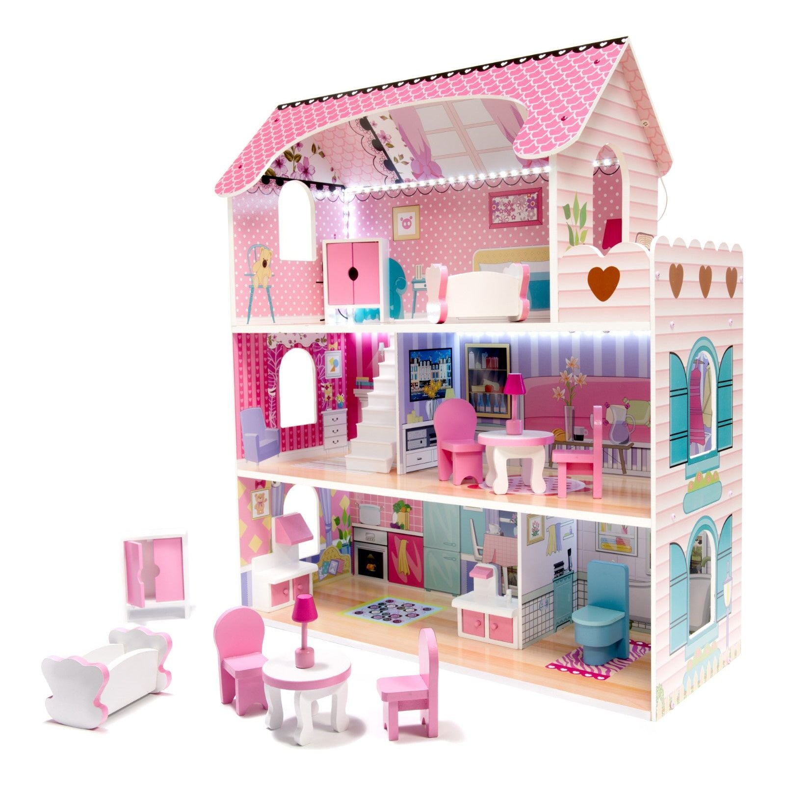 Pale Violet Red Pink Wooden Villa Dollhouse 70cm LED