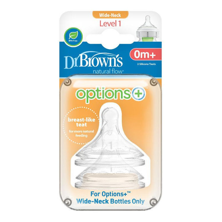 Sandy Brown Dr Brown's Wide Neck Bottle Level 1 Natural Flow Teats 0M+, 2 Pack