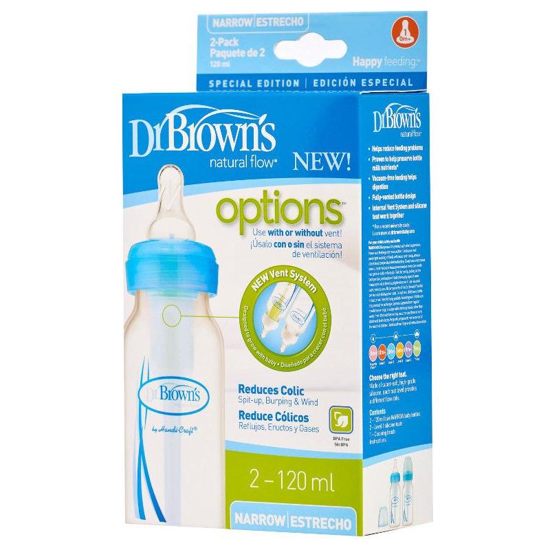 Dodger Blue Dr Brown's Anti-colic Options+ Narrow Bottle 120 ml 2 Pack - 2 Colours