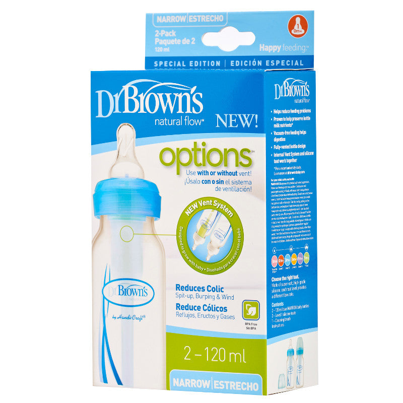 Dodger Blue Dr Brown's Anti-colic Options+ Narrow Bottle 120 ml 2 Pack - 2 Colours