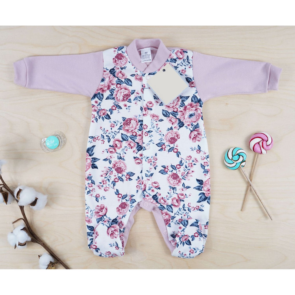 Light Gray Baby Sleeping Suit | Pink Roses