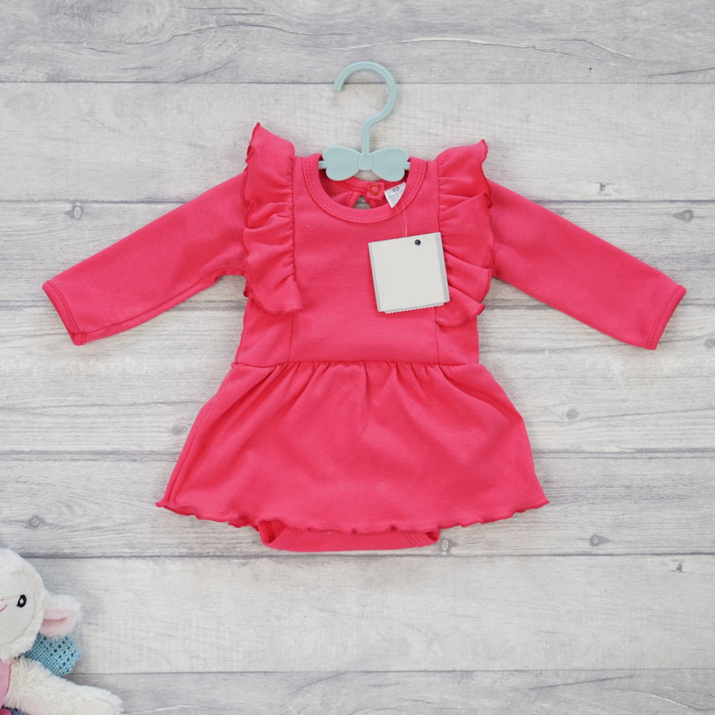 Gray Baby Girl Long Sleeve Frill Bodysuit Dress | Raspberry