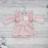 Gray Baby Girl Long Sleeve Frill Bodysuit Dress | Baby Pink